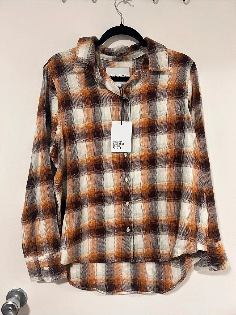 Lola River Preston Plaid Cotton Shirt in Brown & Orange Size Large NWT